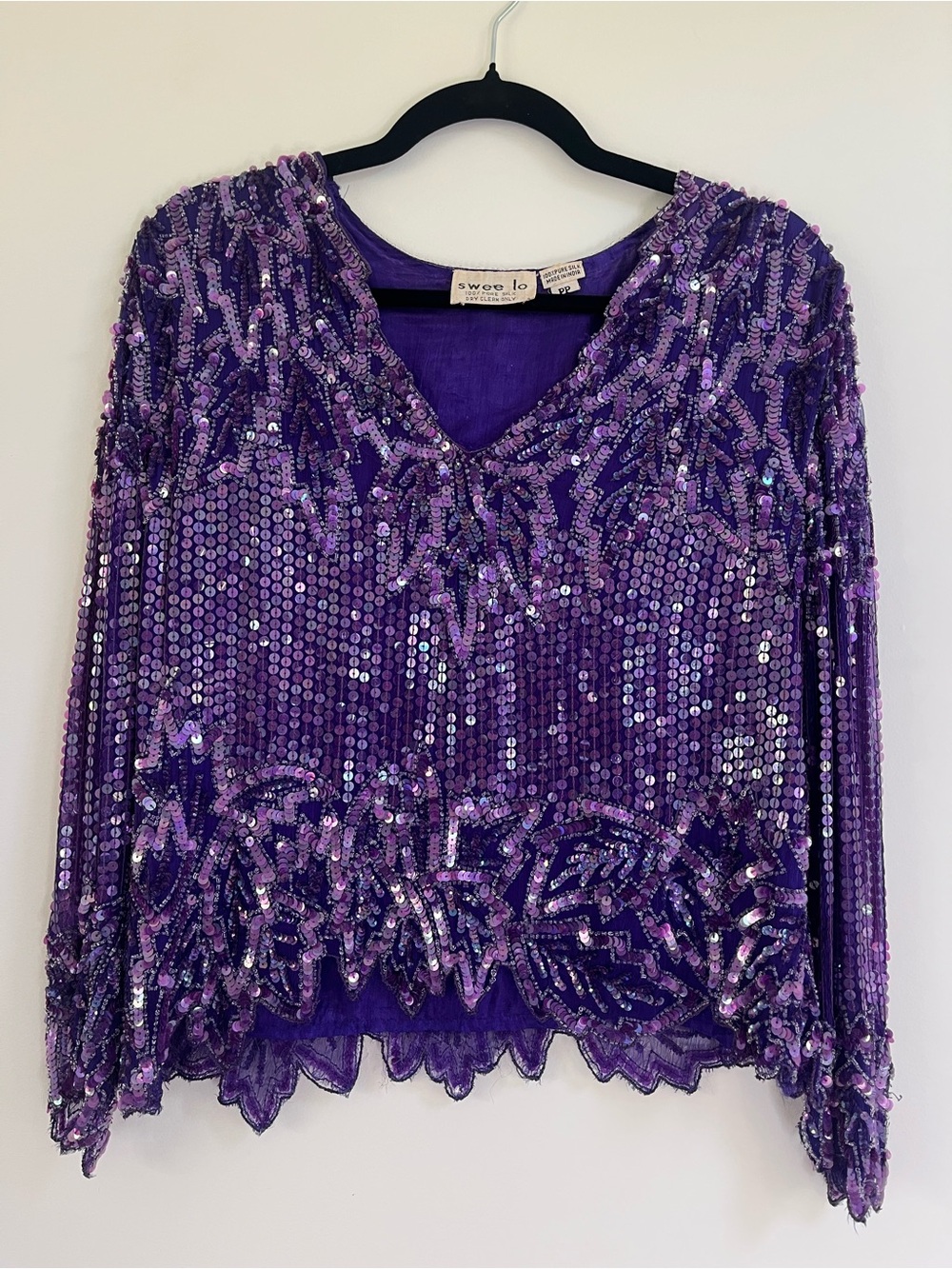 Vintage Swee Lo Silk Sequin Beaded V-Neck Women's Top